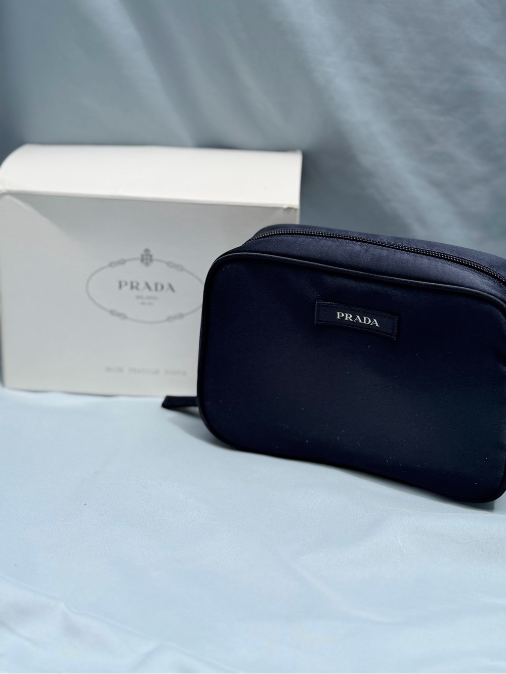 Prada Navy Blue Textile Satin Cosmetic/Travel Toiletry Bag